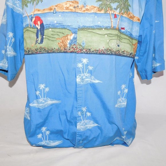 RETREAT Mens L  Island Golf Scene Blue Button Front Short Sleeve Shirt - Picture 8 of 13